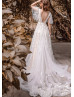 Flutter Sleeve Ivory Lace Tulle V Back Wedding Dress